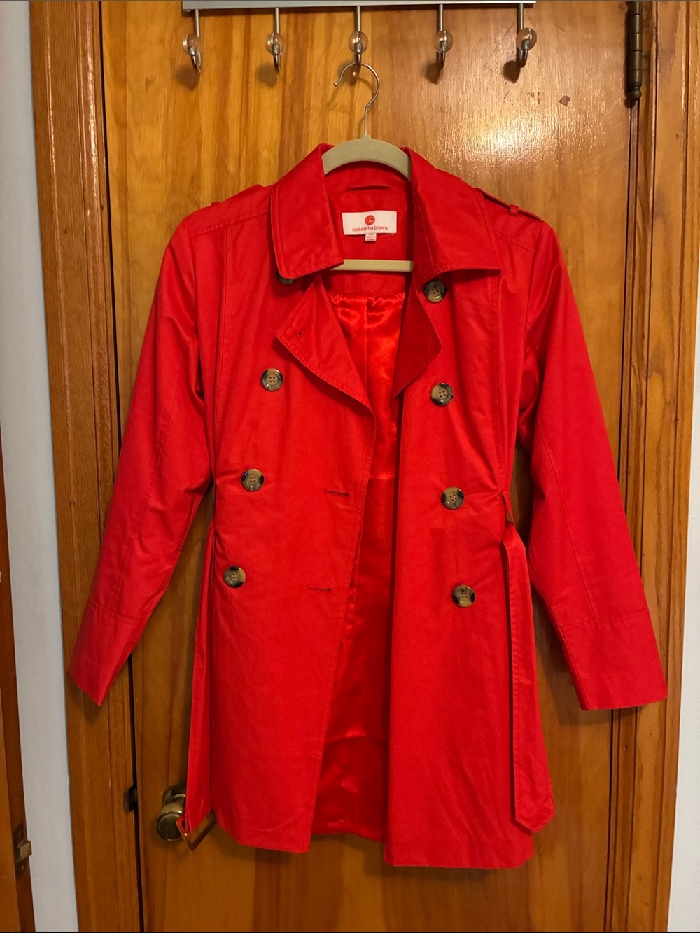 Women's Red Double-Breasted Trench Coat - Casual to Dressy